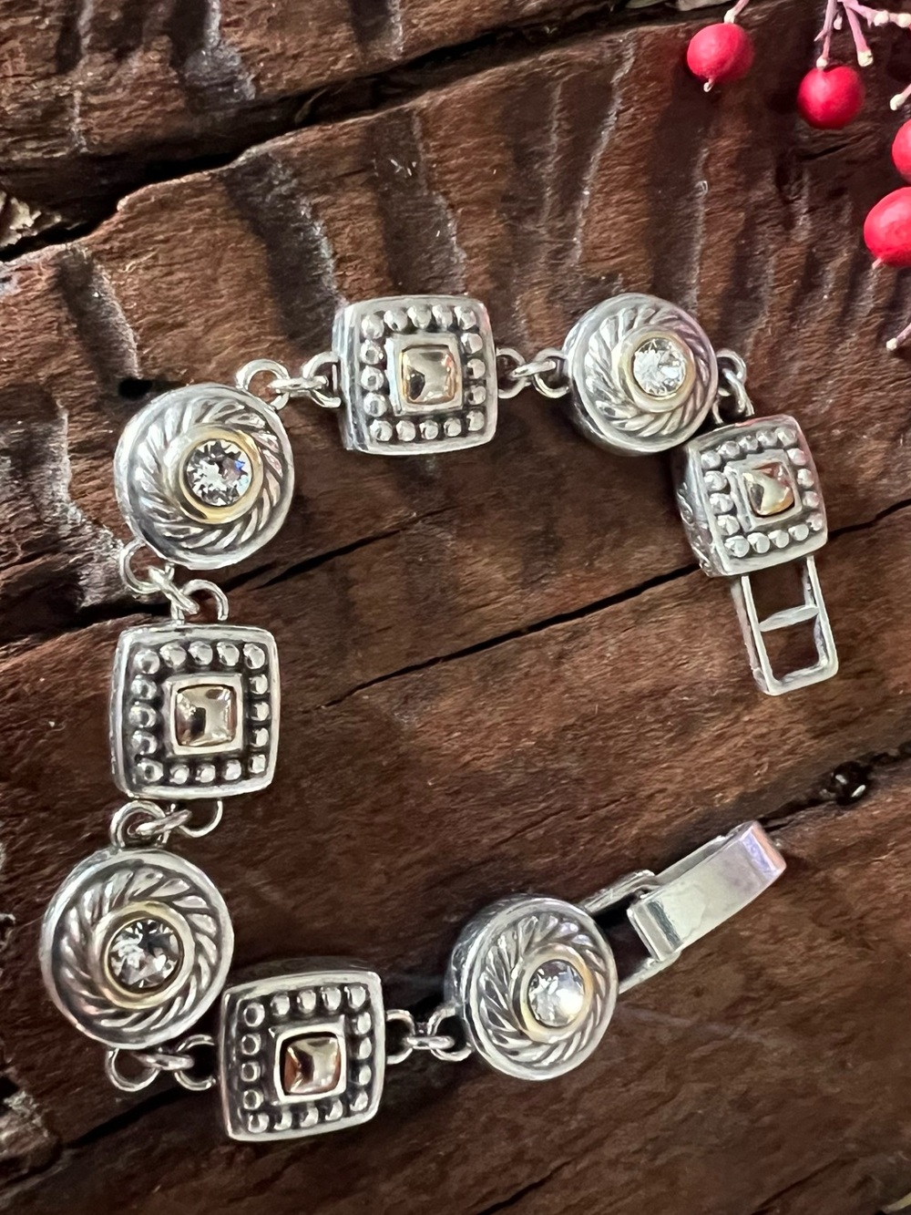 Brighton Fine Silver Plated Bracelet Round Square Hearts TT Gold Rope CZ Dots